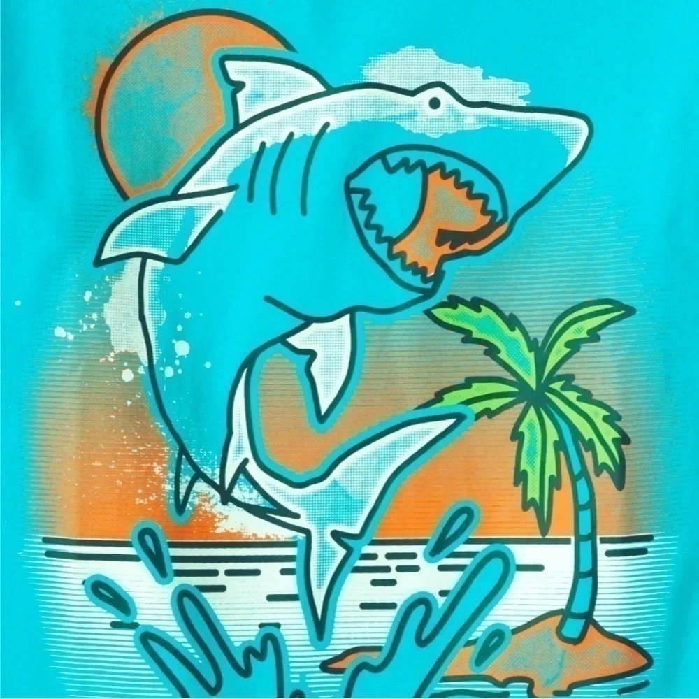 Size large graphic tee. New with tags. Shark and palm tree graphic